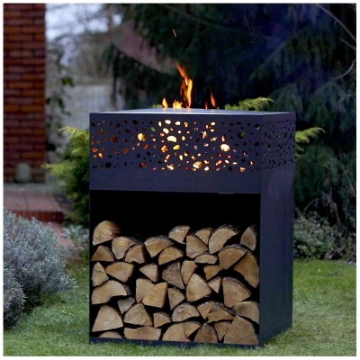 Brasero Cube Feu du Jardin Noir avec Barbecue et Plancha